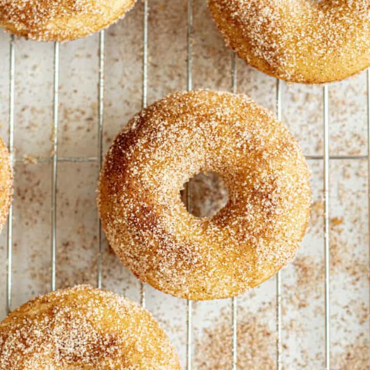 Bird's eye view of baked sourdough donuts