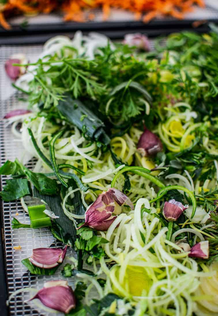 shredded vegetables on trays 