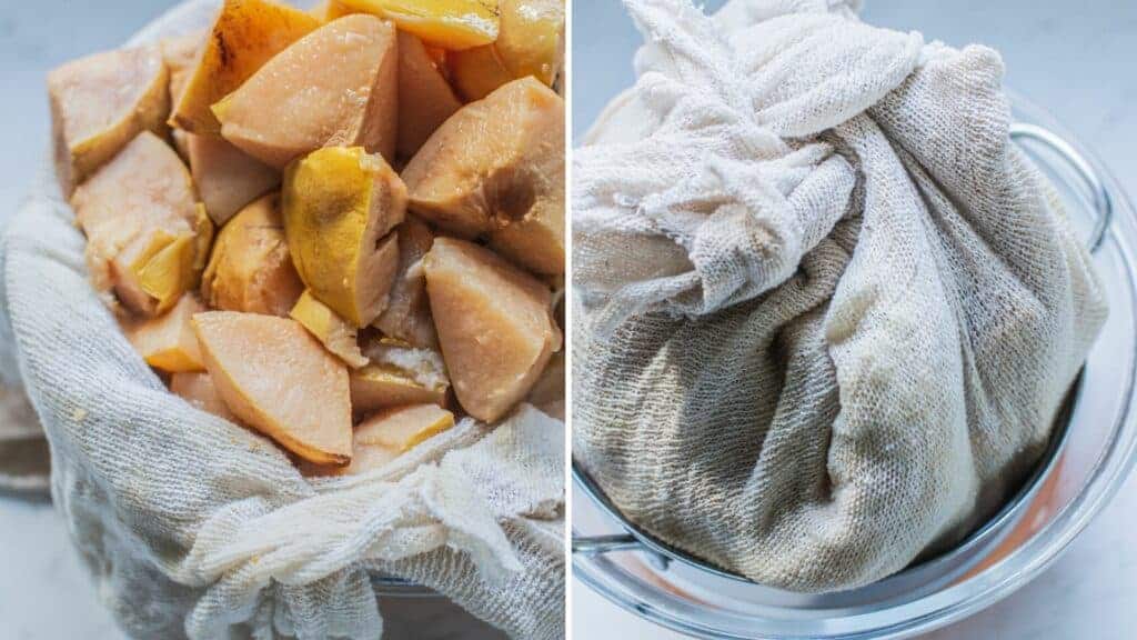 side by side of quince pieces being drained in cheesecloth 