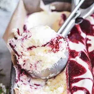 a silver scoop of blackberry swirl ice-cream