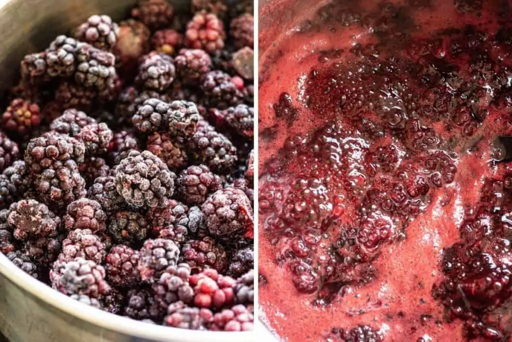 side by side of a pan of frozen blackberries and simmering blackberry jam 