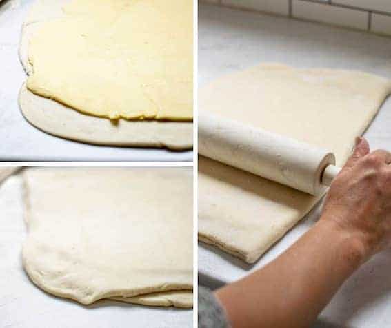 butter is being rolled into dough on a white bench. 3 pictures side by side of the stages of rolling