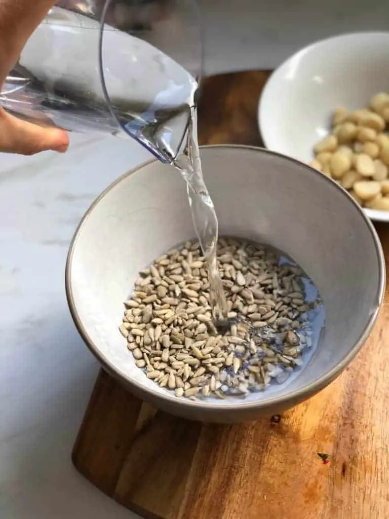 water being poured over a bowl of sunflower seeds