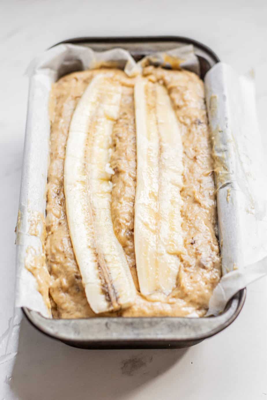 banana bread in a pan.