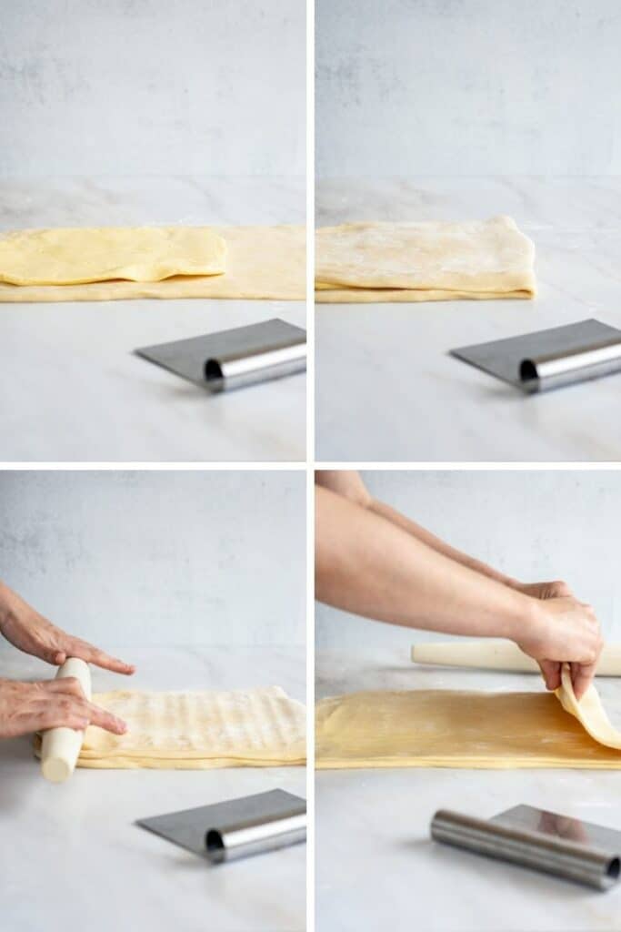 laminating dough step by step on white background