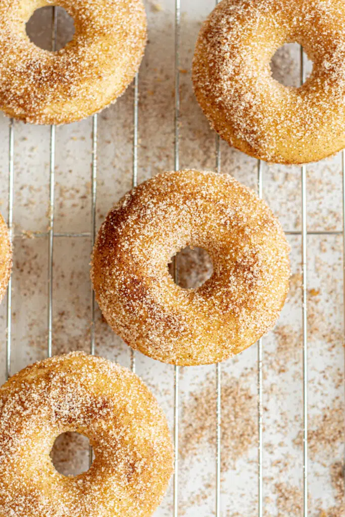 bird's eye view of baked sourdough doughnuts