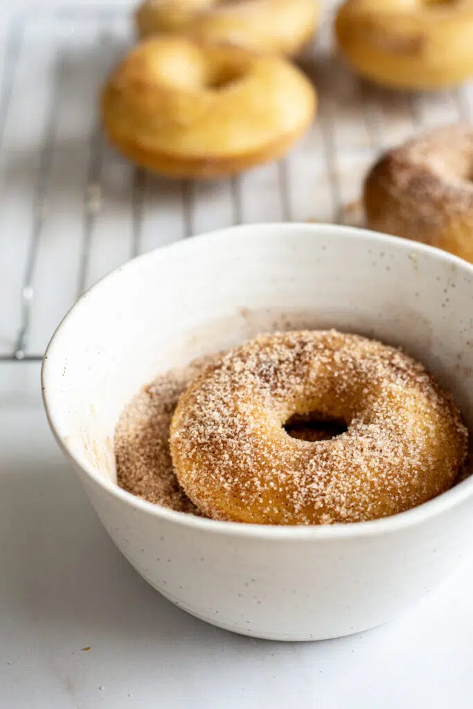 a doughnut in a bowl of cinnamon sugar